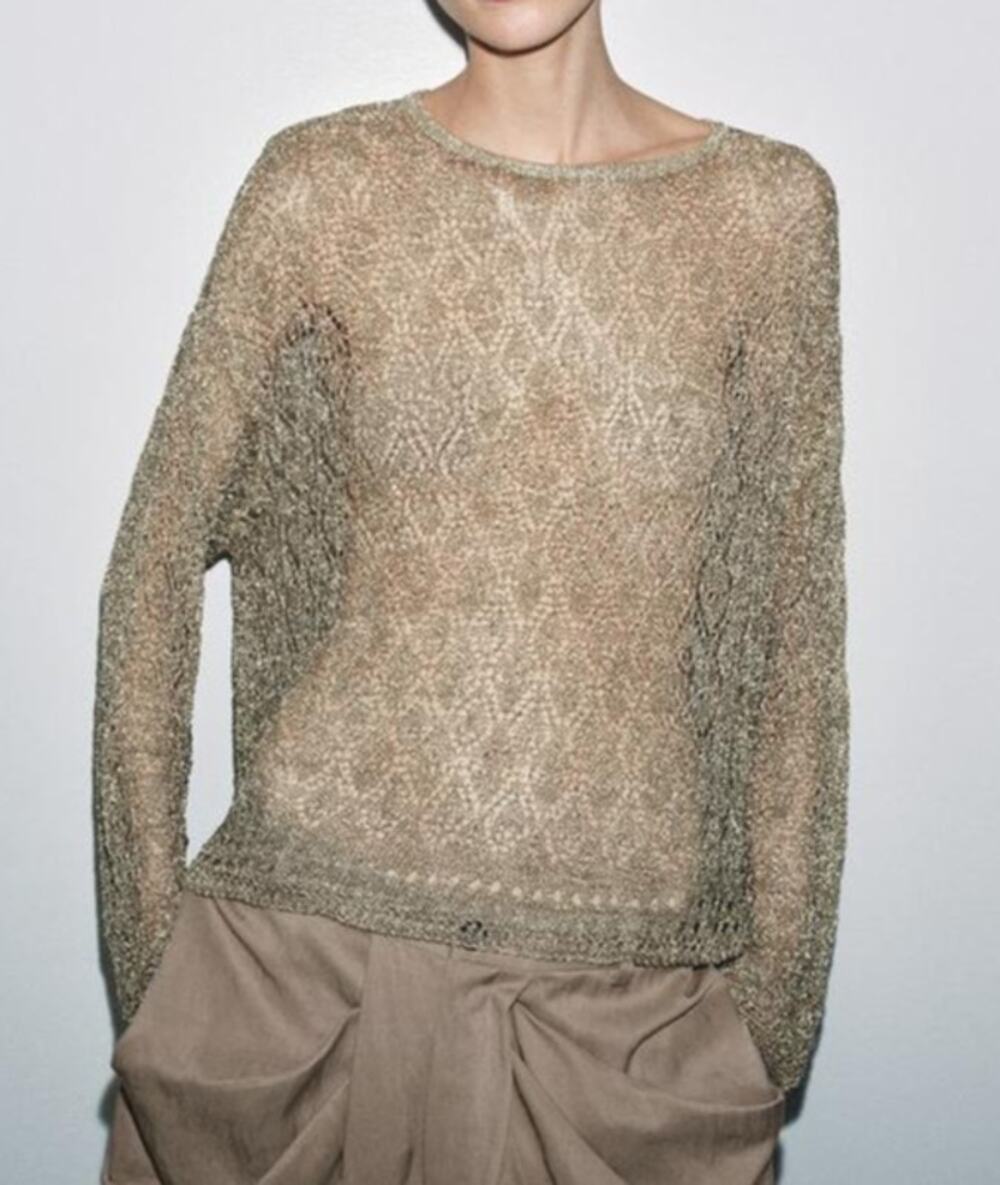 Zara Metallic Thread Long Sleeve Pointelle Knit Jumper Sweater Gold Small
